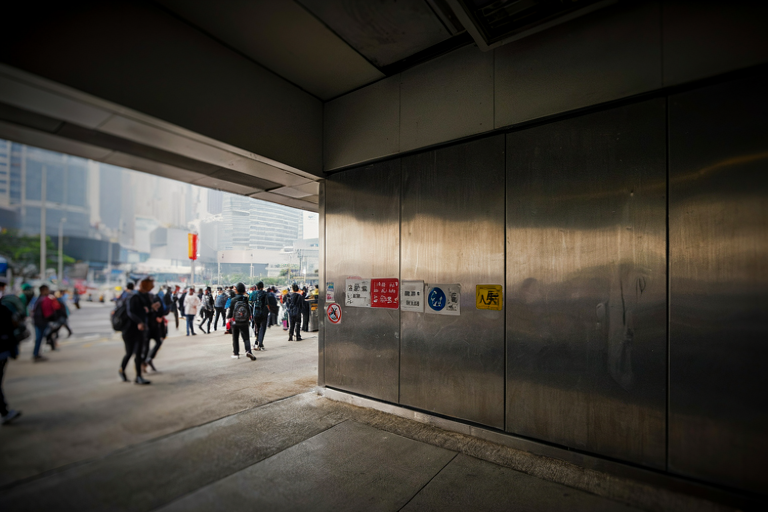 A realistic illustration of a Hong Kong checkpoint during National Day holiday with a large metal gate as the focal subject.