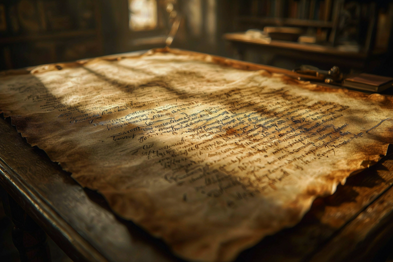 A weathered parchment document with faded script on a wooden table in a dimly lit room.