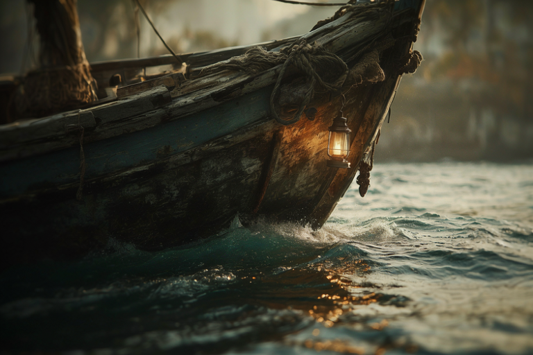 A weathered wooden boat in a misty bay with a dim lantern hanging from its side.