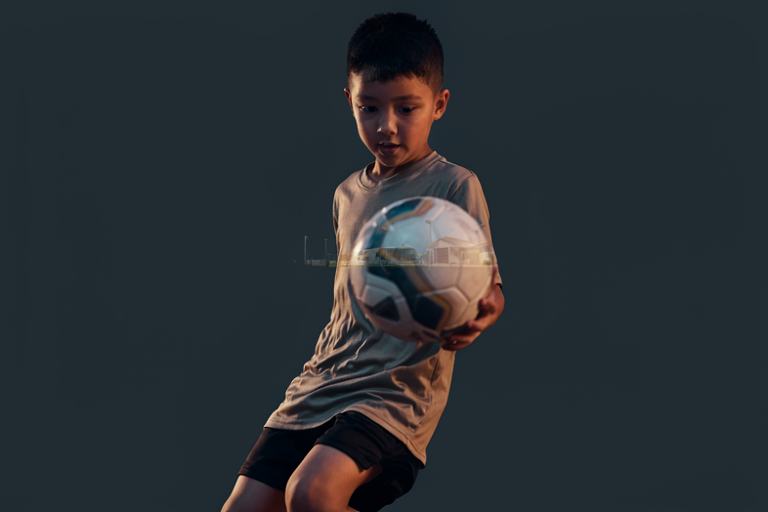 A young footballer in a plain jersey runs toward a ball, with a blurred training field in the background.