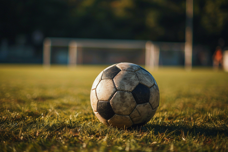 A wooden soccer ball on a grassy field with soft sunlight