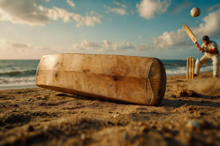 A worn cricket bat on a coastal pitch with a player swinging, surrounded by a sandy beach and ocean.