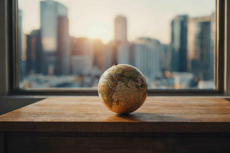 A wooden table with a globe and blurred city skyline