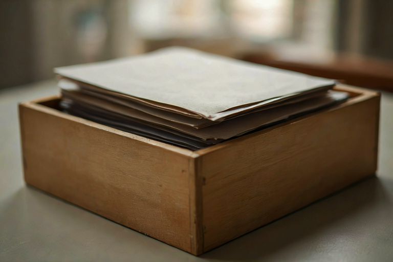 A wooden box with folded paper inside on a dimly lit table