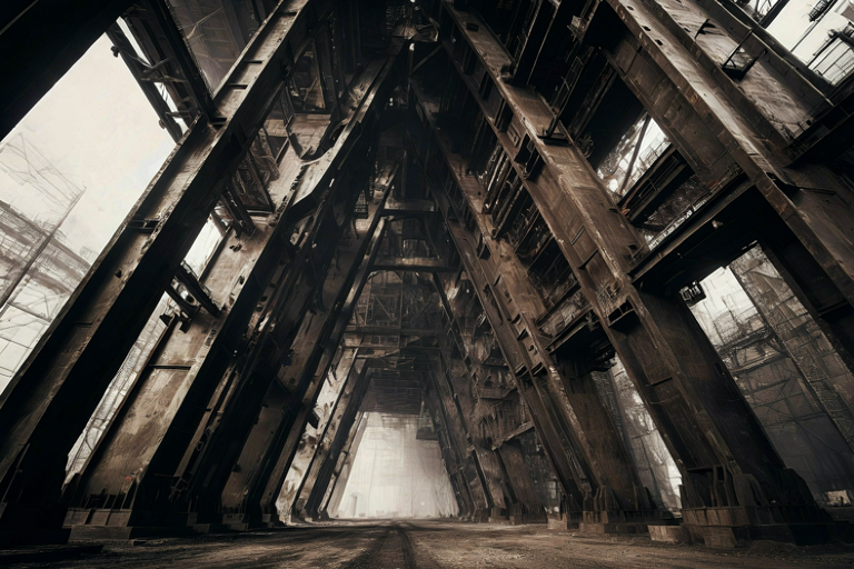 Conceptual illustration of a massive, partially constructed steel industrial plant under a dramatic sky.