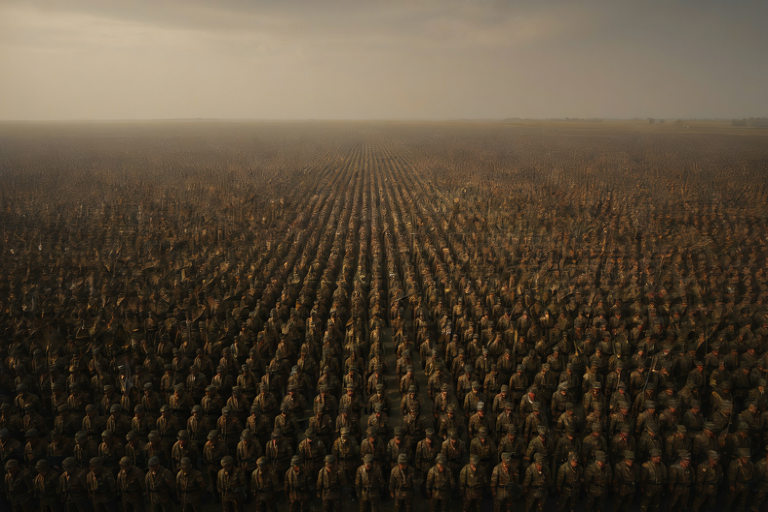 Conceptual illustration of a large, disciplined military formation on an open plain under an overcast sky.