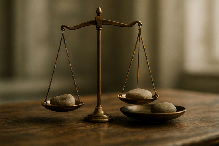 Conceptual illustration of balanced scales of justice on a dark wooden surface, symbolizing the reconsideration of residency rules.