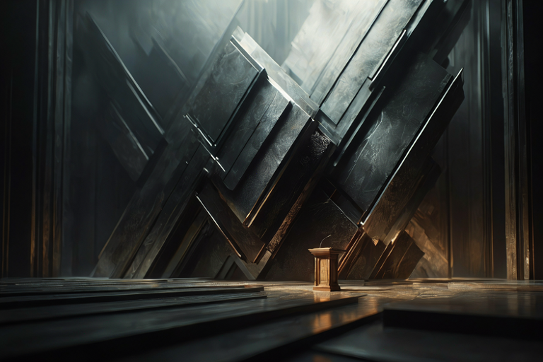 Conceptual illustration of a complex, dark geometric structure representing artificial intelligence, set against a vast, dimly lit space with dramatic lighting.