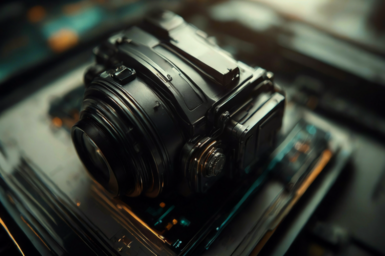 Conceptual illustration of professional video equipment in a modern, dimly lit creative workspace.
