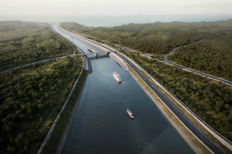 Editorial illustration of a new canal connecting an inland reservoir to a coastal gulf, symbolizing regional trade connectivity.