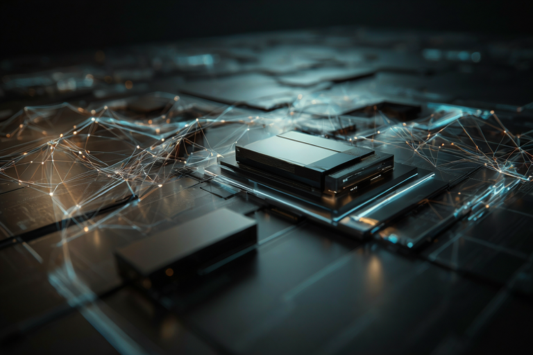 Abstract illustration depicting a digital partnership through a glowing network surrounding a stylized data server.