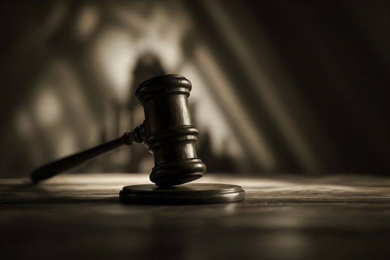 A conceptual illustration of a heavy wooden gavel resting on a reflective surface, set against a backdrop suggesting a formal courtroom under dramatic lighting.