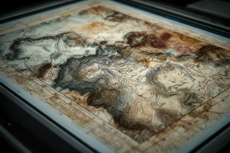 Conceptual illustration of a detailed, illuminated geological map of Mars projected in a sophisticated, high-tech setting.