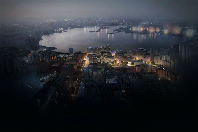 Editorial illustration of a modern cityscape viewed across water at dusk, suggesting a large gathering and anticipation.