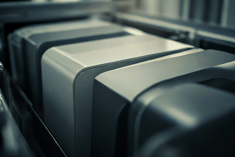Conceptual illustration of a solid-state battery component in a sophisticated, dimly lit industrial setting.