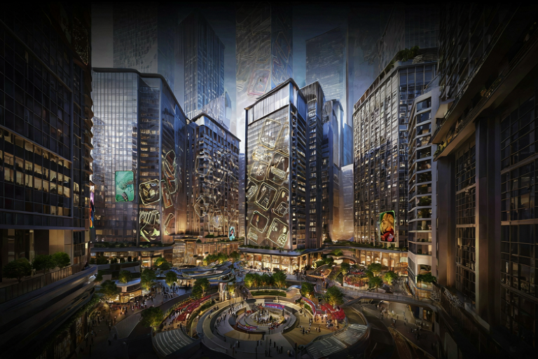 A wide-screen editorial illustration of a modern city at dusk, featuring subtle, glowing geometric patterns integrated into building facades to represent a major cultural anniversary celebration.