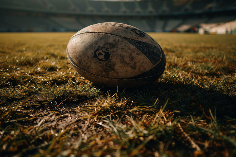 A close-up of a rugby ball on a field, set against the blurred backdrop of a large stadium, emphasizing focus and professional challenge.