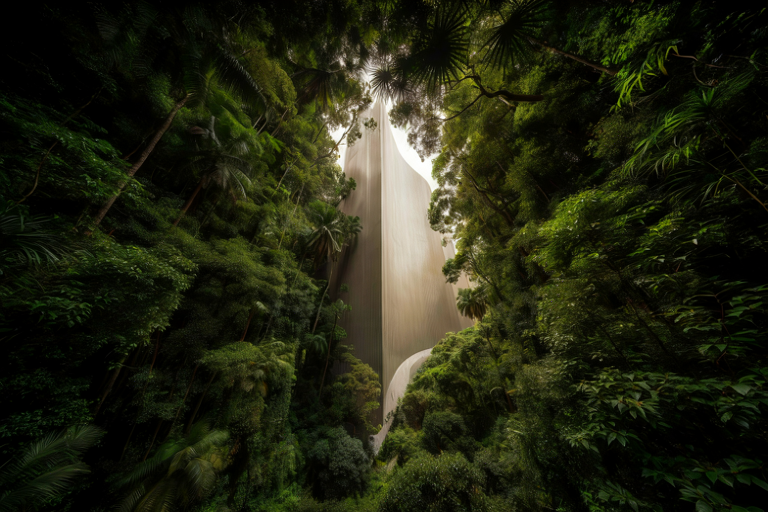 Editorial illustration showing a dense tropical forest canopy meeting the base of a towering, modern skyscraper under dramatic sunlight.