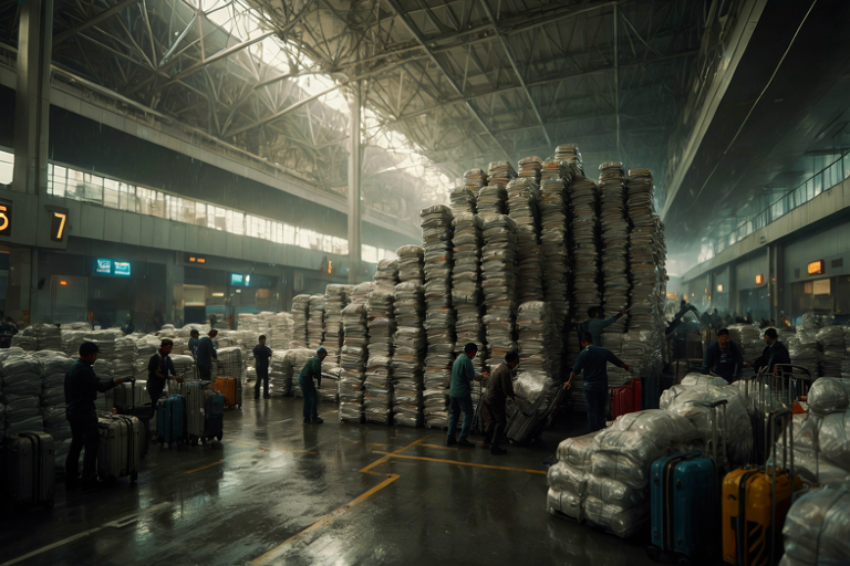 Illustration depicting airport ground operations with a backlog of luggage following heavy rain.