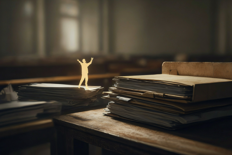 Conceptual illustration showing application folders and a reaching silhouette against a blurred institutional background, symbolizing the need for transparency in hiring.