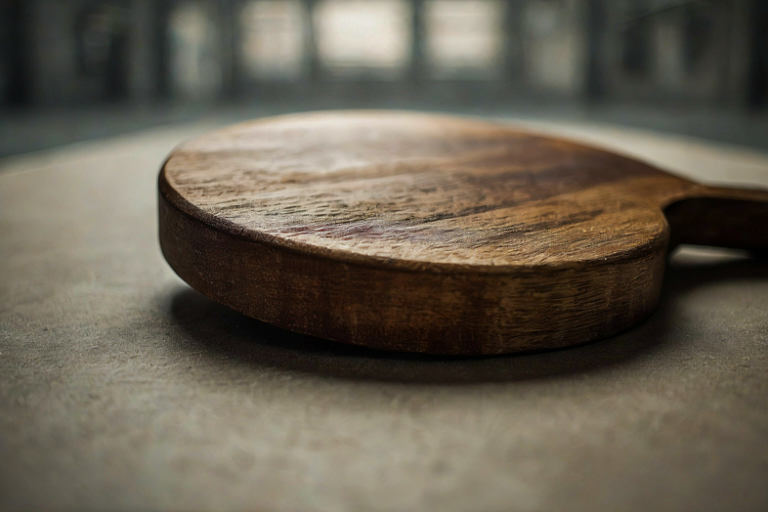 A close-up of a single, polished table tennis paddle on a textured surface, set against a softly blurred, somber indoor arena.