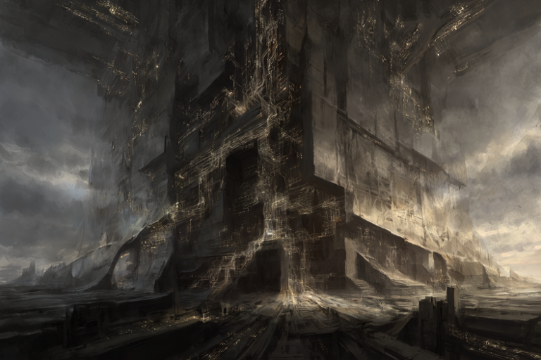 Conceptual illustration of overwhelming technological power looming over a desolate landscape under a turbulent sky.