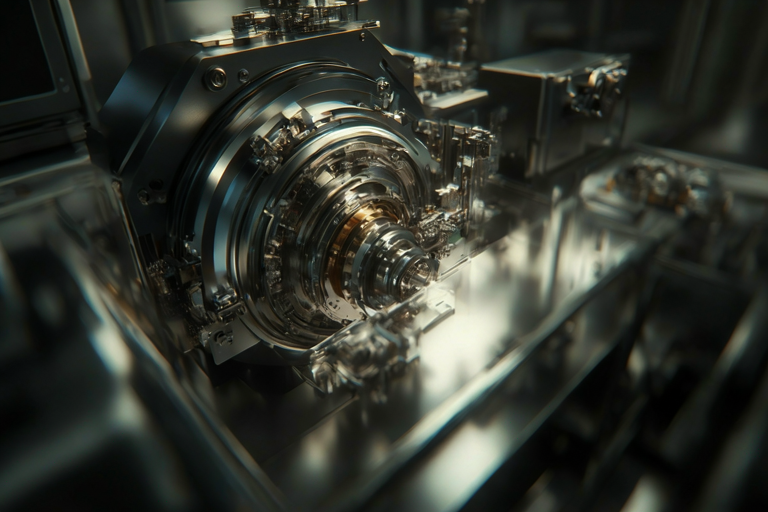 Editorial illustration of advanced semiconductor research equipment in a focused, high-tech laboratory setting.