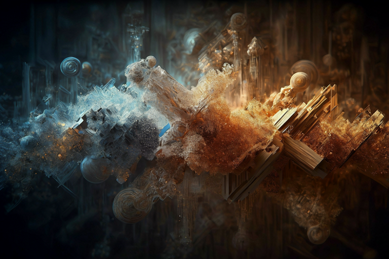 An abstract editorial illustration showing the convergence of humanities, sciences, engineering, and medicine through interconnected forms in a grand academic setting.