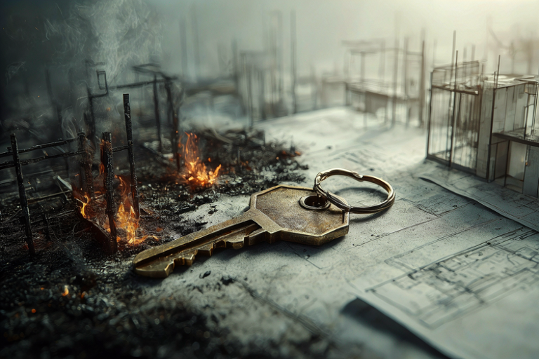 Editorial illustration symbolizing the process of selecting replacement housing after a fire, featuring a key and architectural plans on a transitional surface.