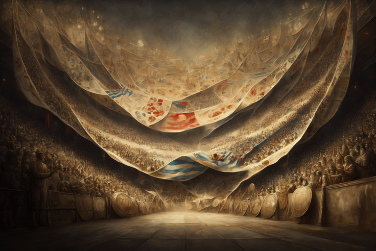 Conceptual illustration of a delegation's banner hanging in an expectant arena, symbolizing high expectations.