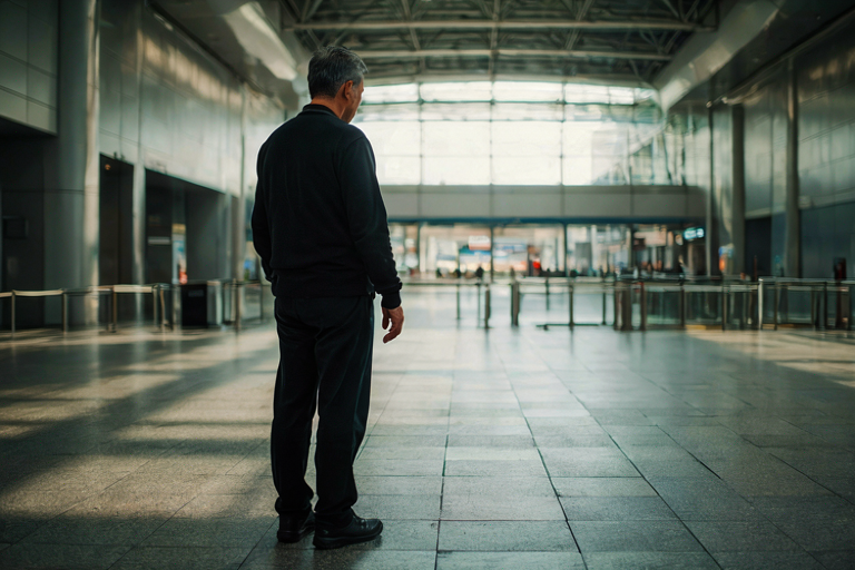 A solitary figure stands in a brightly lit airport arrival area, conveying a sense of quiet resolution after a long journey.