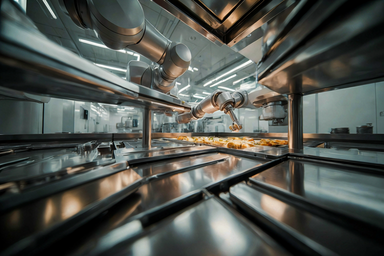 Editorial illustration of an automated food production area within a large, modern hospital support services center, featuring robotic arms and stainless steel equipment.