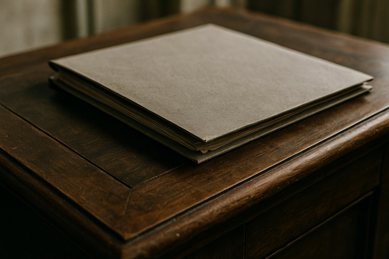 A single, serious file folder rests on a dark wooden desk under a focused beam of light in an austere setting.