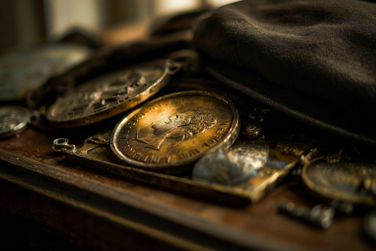 A collection of aged, metallic sporting medals and a fabric cap displayed on a dark wooden surface under dramatic, focused lighting.